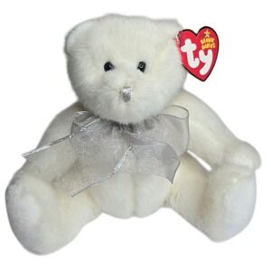 Ty Beanie Baby Eggnog Bear 6" White‎ Plush Silver Ribbon Christmas Holiday 2006